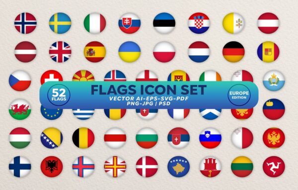 Flags Icon Set. Europe Circled Flags Collection