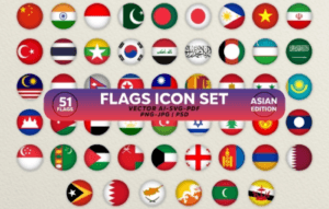 Flags Icon Set. Asian Circled Flags Collection