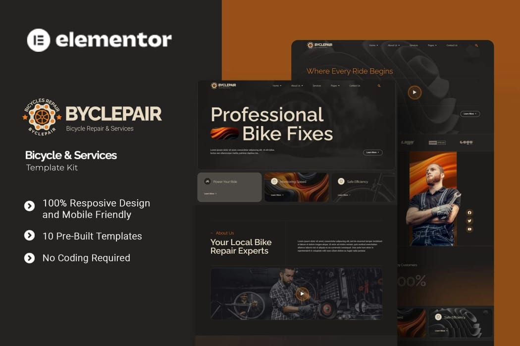 Byclepair – Bicycle & Service Elementor Template Kit Byclepair – Bicycle & Service Elementor Template Kit